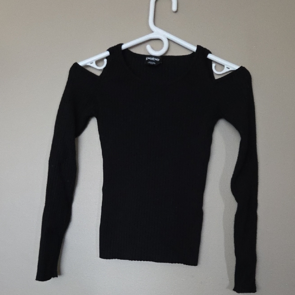 Bebe Black Ribbed Cold Shoulder Top Size XS